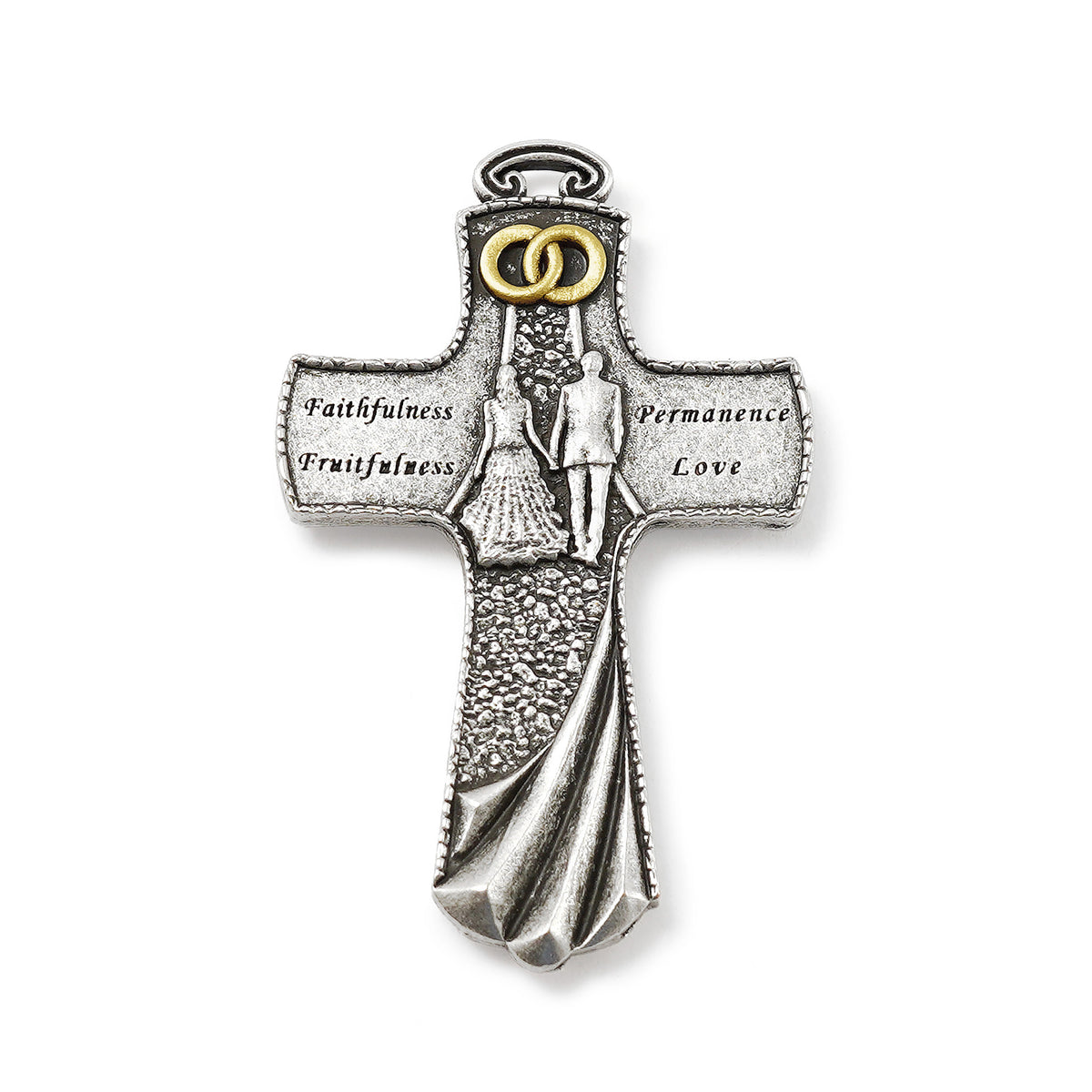 Decorative cross with engraved text and a gold ring on a white background