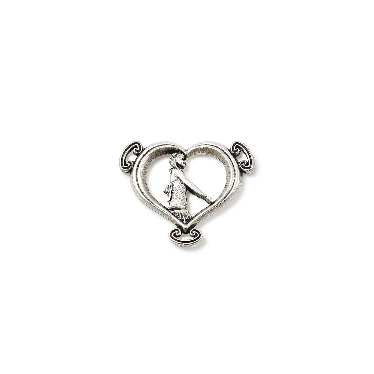 Silver heart-shaped pendant with a religious figure inside on a white background