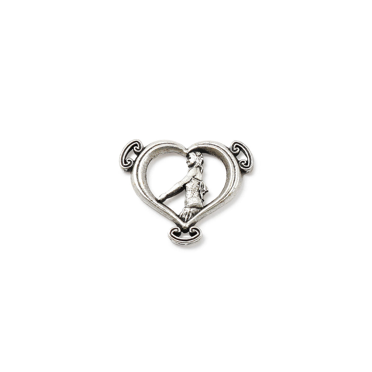 Silver heart-shaped pendant with a figure inside on a white background