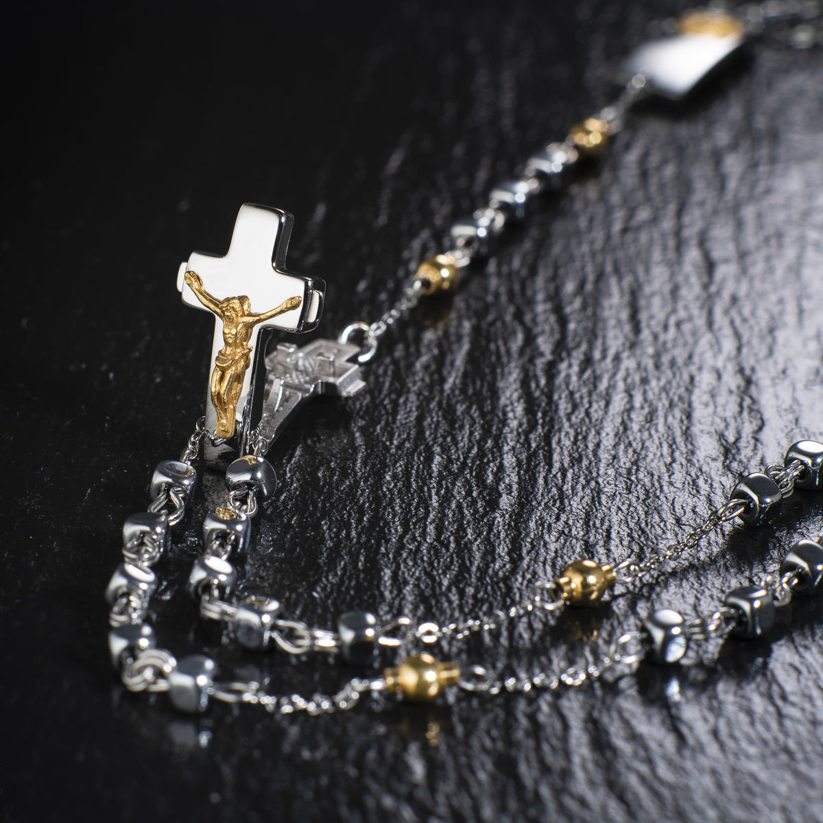Handcrafted Rosalet® featuring Hematite cube beads and Sterling Silver links, designed as a wearable rosary necklace.