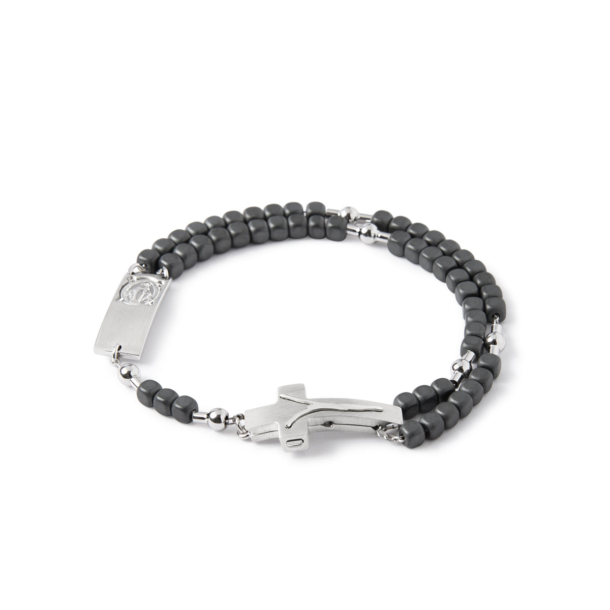 A sterling silver rosary bracelet with matte hematite beads and a modern crucifix, displayed against a white background.
