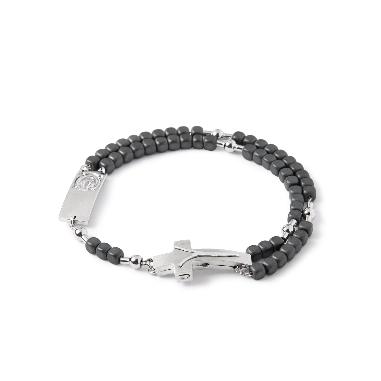 A sterling silver rosary bracelet with matte hematite beads and a modern crucifix, displayed against a white background.