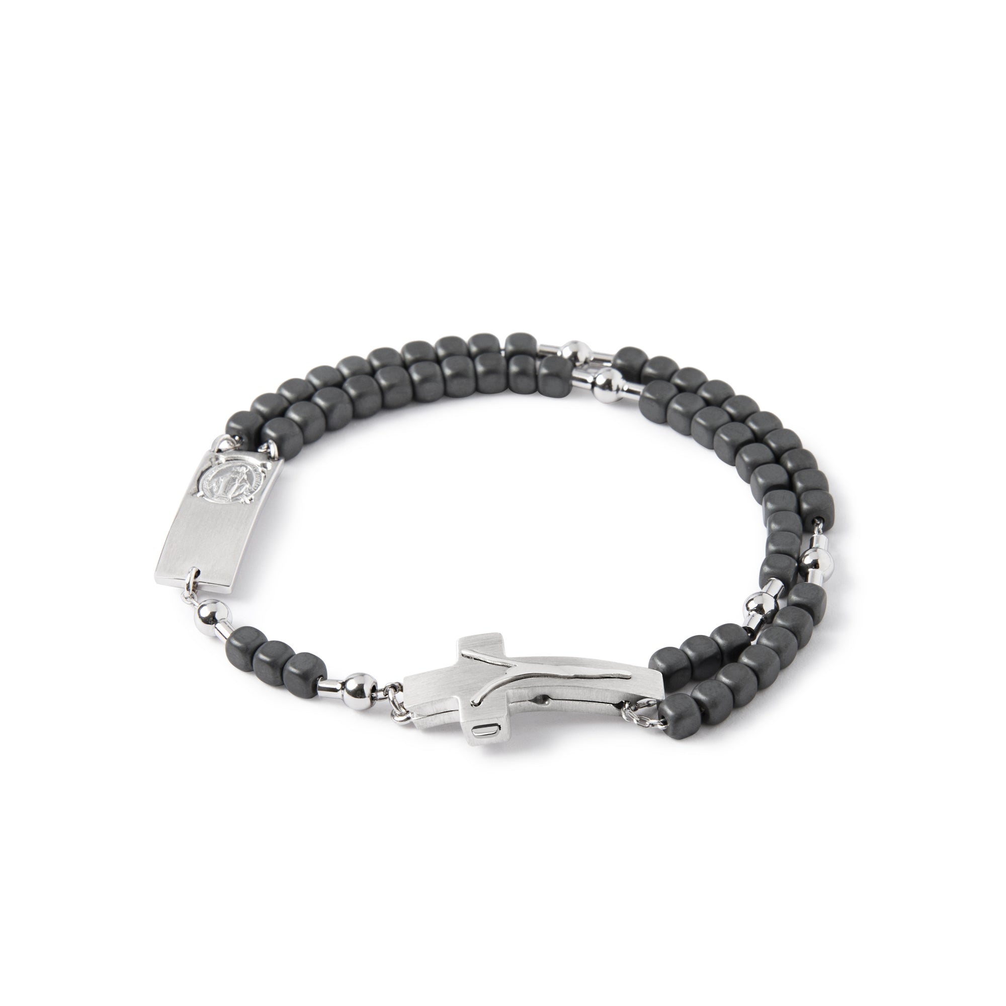 NEW CRUCIFIX WITH DOUBLE SAFETY BUTTON - ROSALET® SQUARE MATTE HEMATITE BEADS, STERLING SILVER & ROUND PATER, MODERN