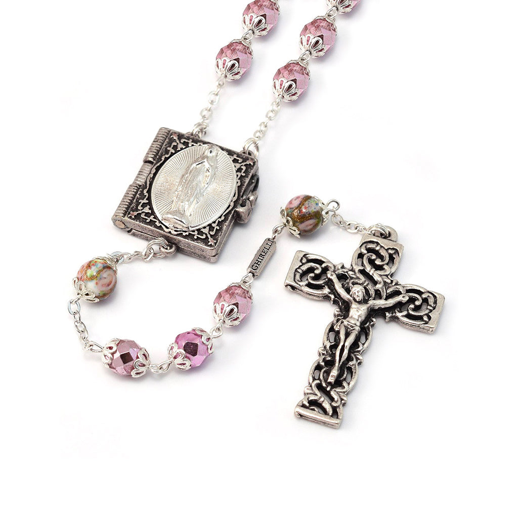 Lourdes Mysteries Booklet Faceted Rose & Silver Rosary