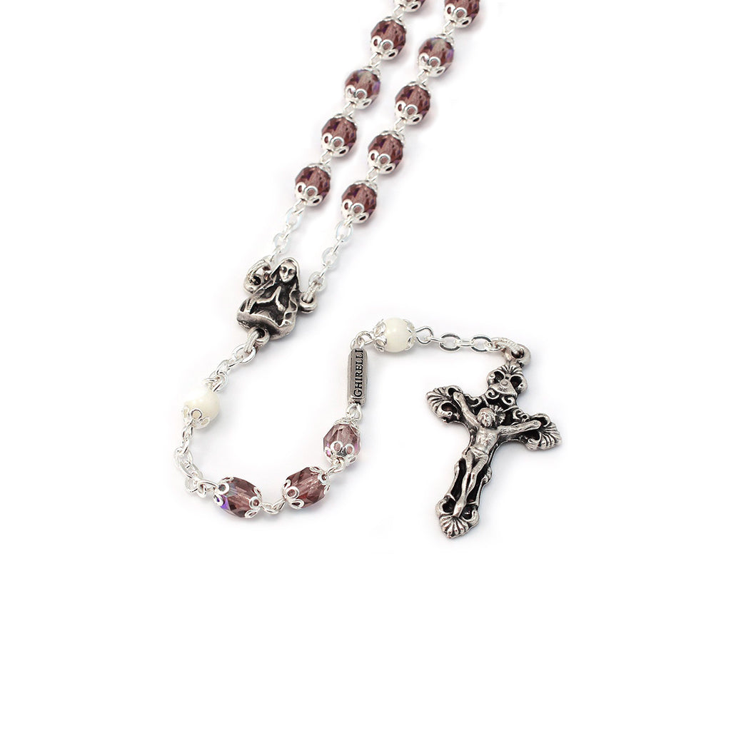 Lourdes Grotto Mauve &amp; Silver Aurora Borealis Rosary