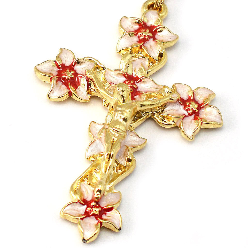 Lourdes Lily Faceted Blush, Red &amp; Enameled Rosary