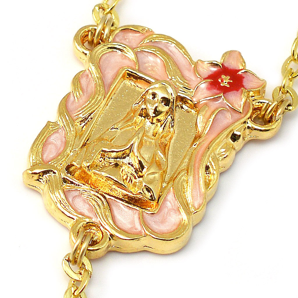 Lourdes Lily Faceted Blush, Red &amp; Enameled Rosary
