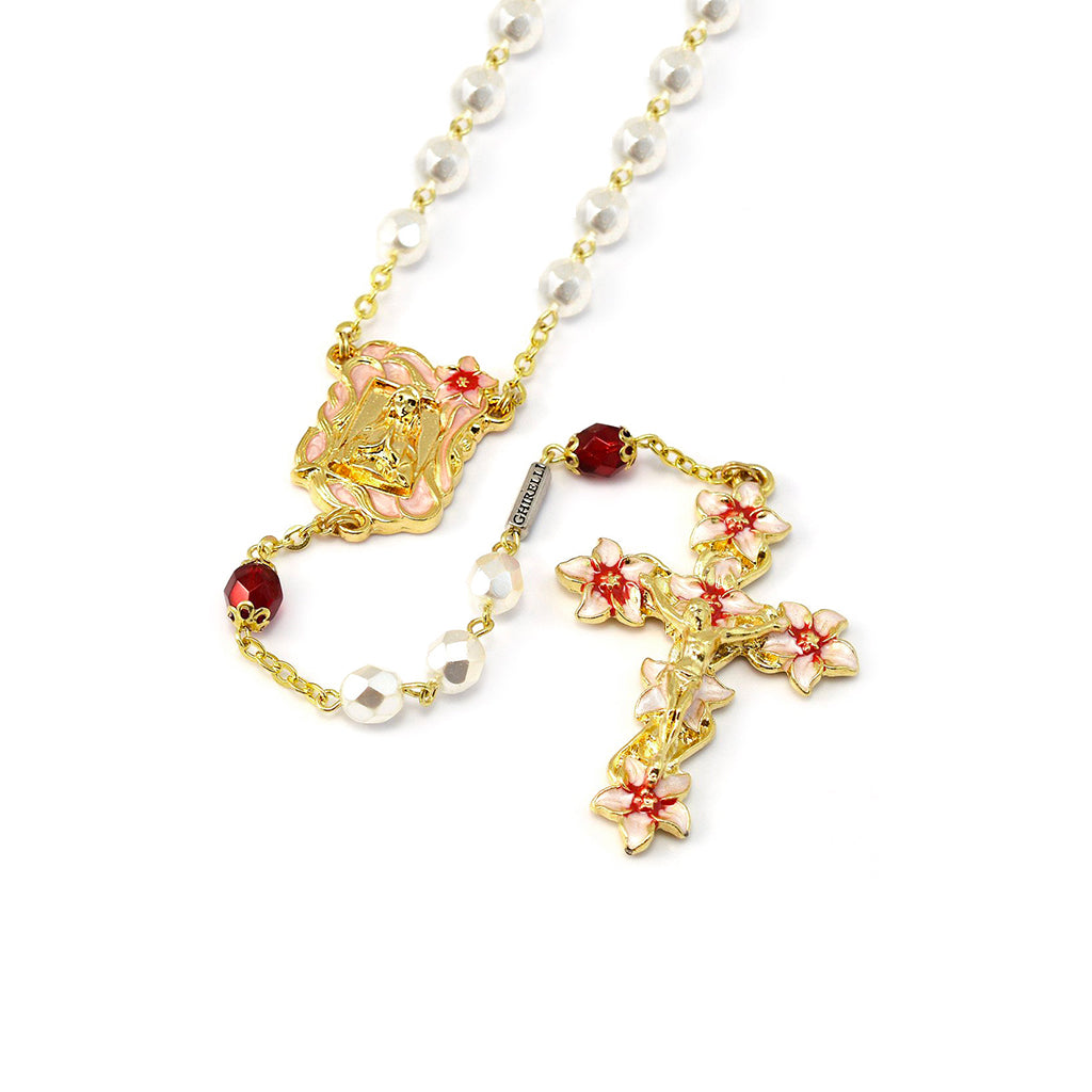 Lourdes Lily Faceted Blush, Red &amp; Enameled Rosary