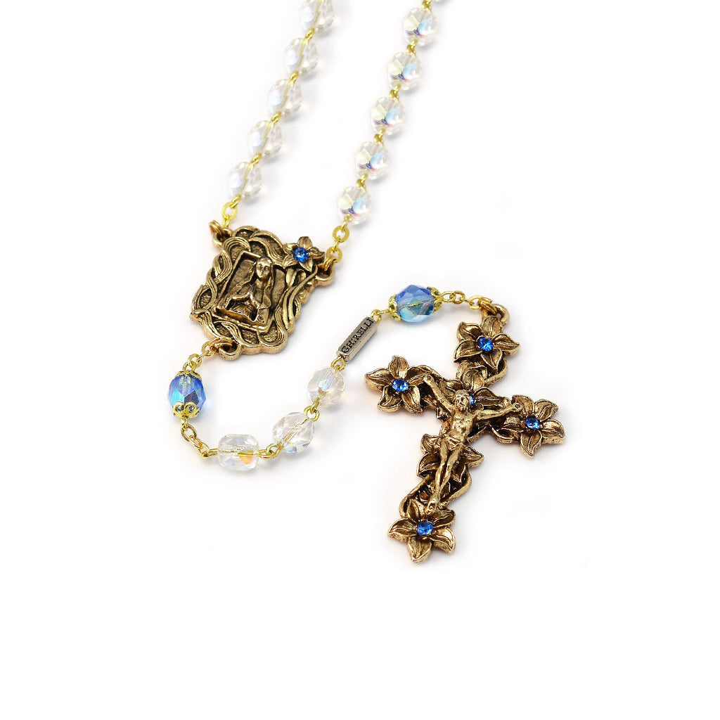 Lourdes Lily Crystal Blue & Gold Rosary