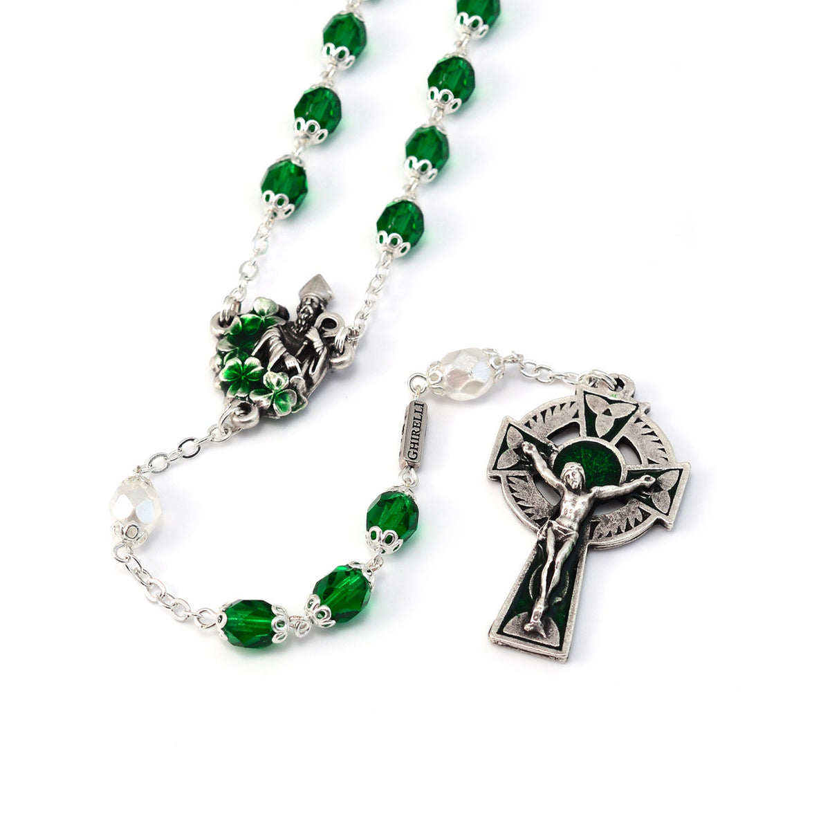 Saint Patrick Green Enamel, Crystal &amp; Silver Rosary
