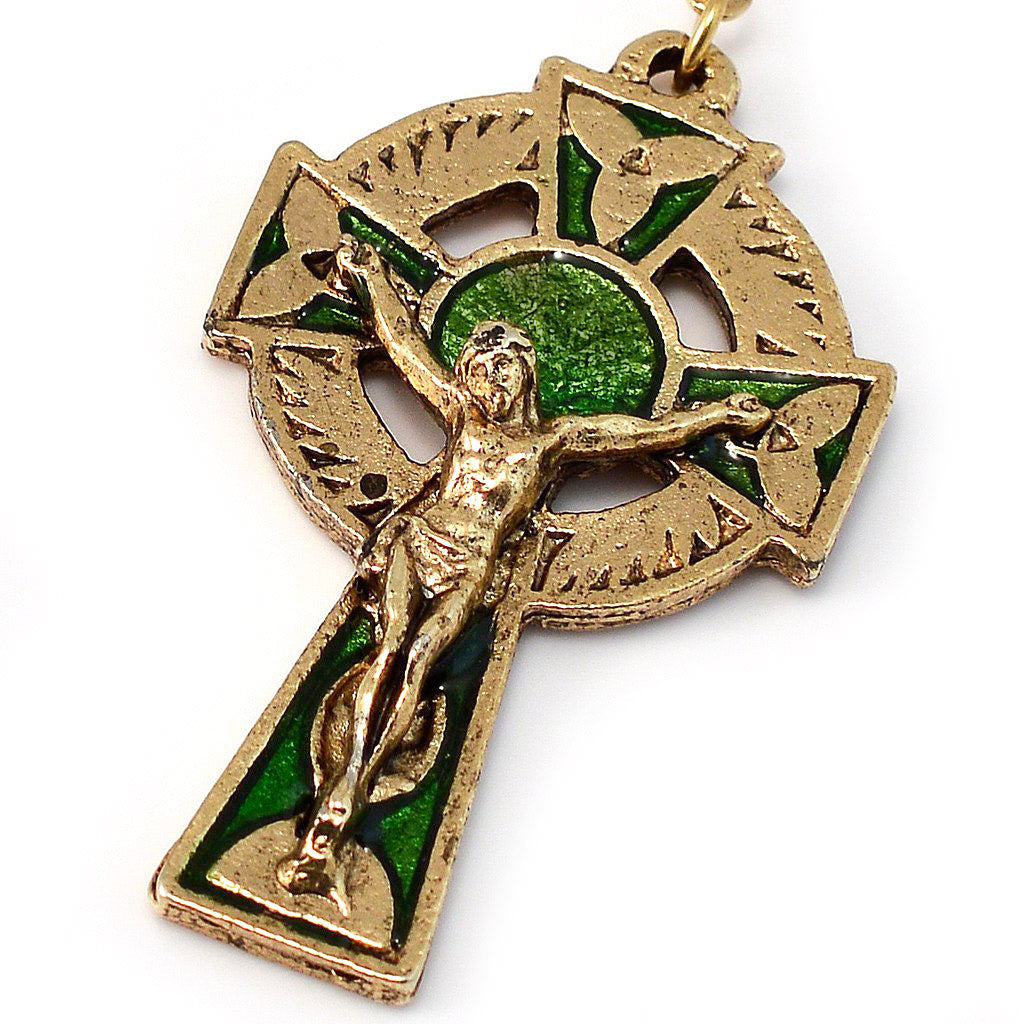 Saint Patrick Green Enamel, Faceted Glass &amp; Gold Rosary