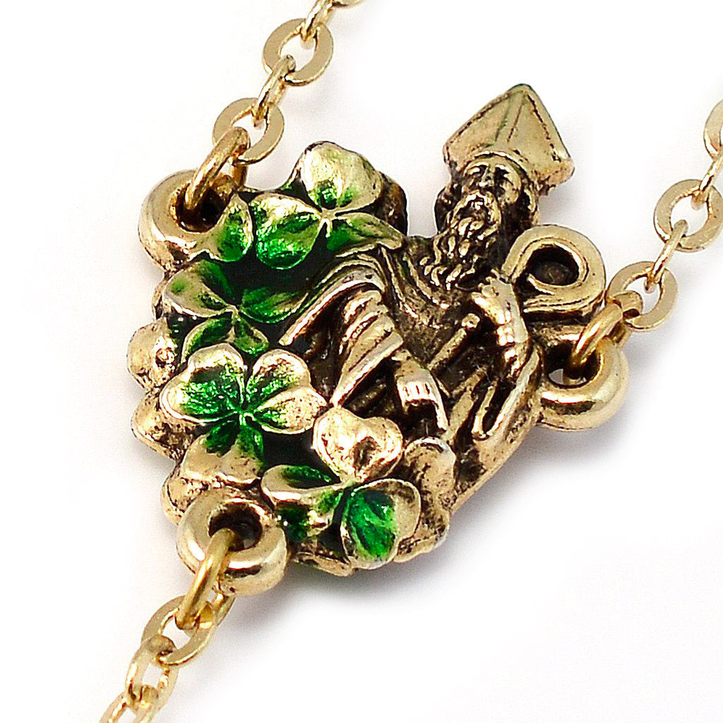 Saint Patrick Green Enamel, Faceted Glass &amp; Gold Rosary
