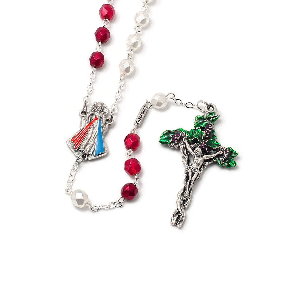 Merciful Jesus Divine Mercy Faceted Crimson &amp; White Rosary