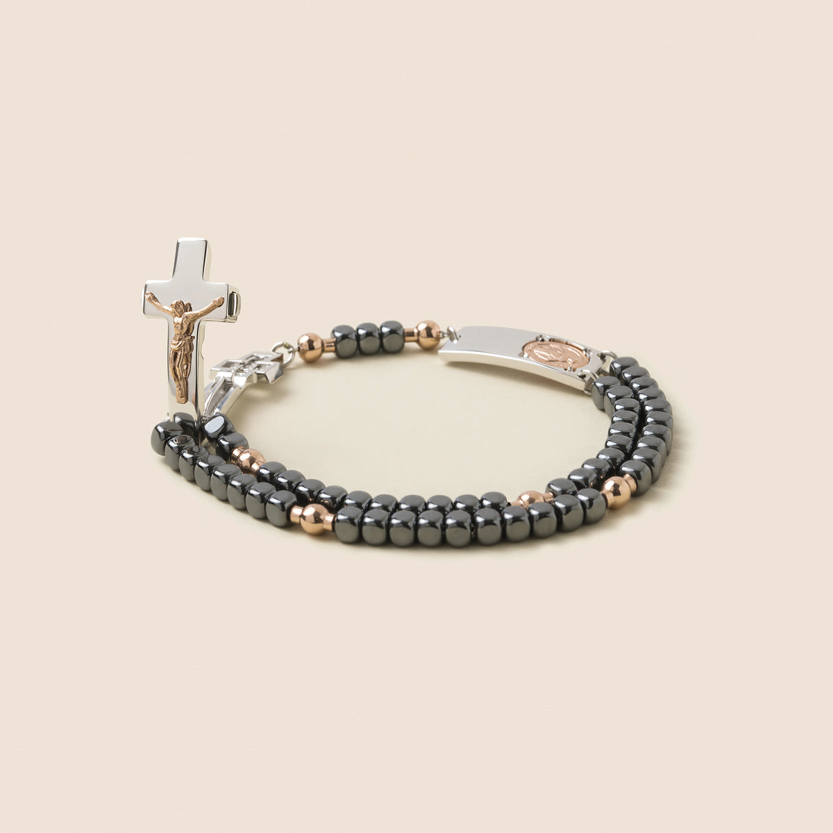 Square hematite beads on traditional Rosalet bracelet