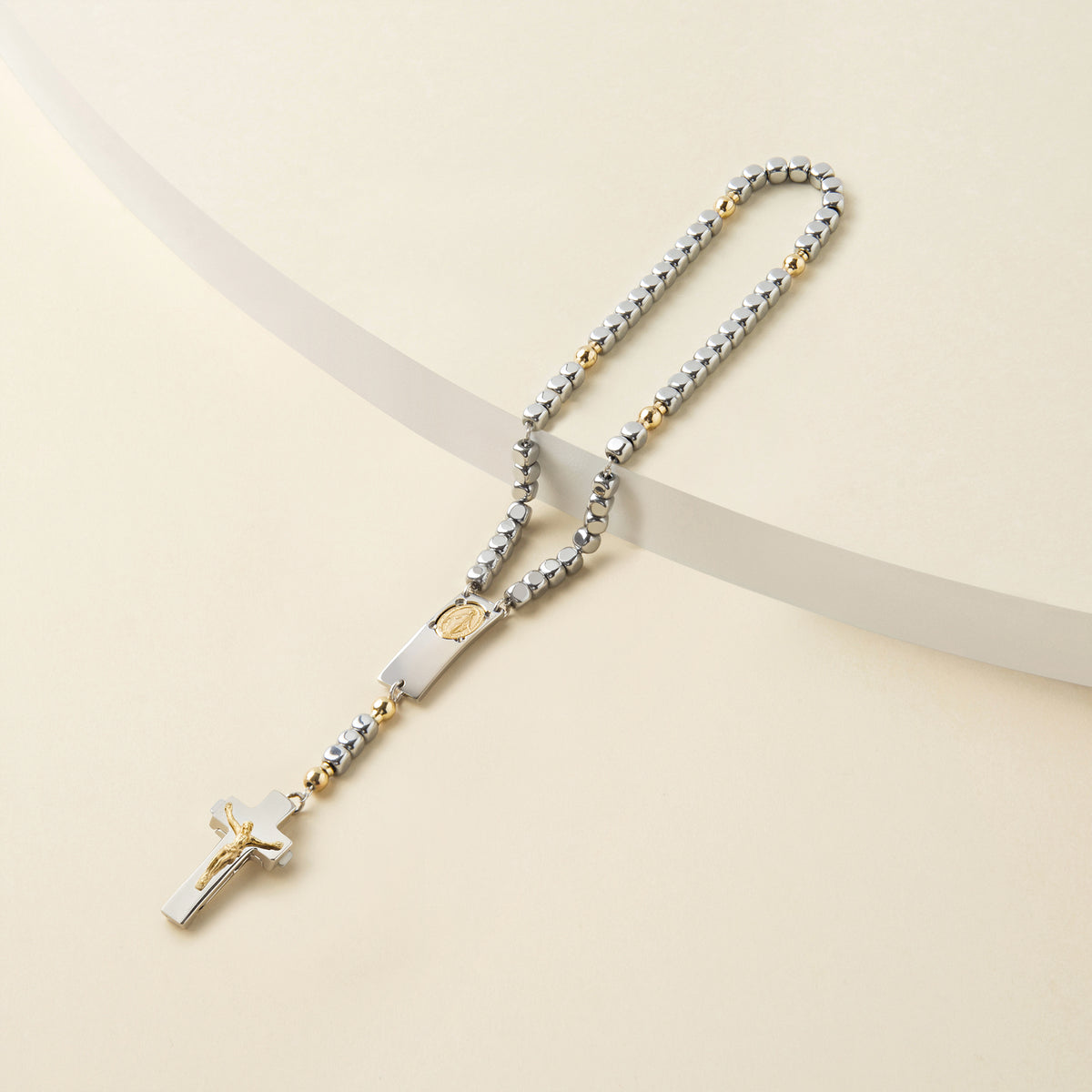 Rosalet Silver Hematite rosary bracelet with gold Pater beads