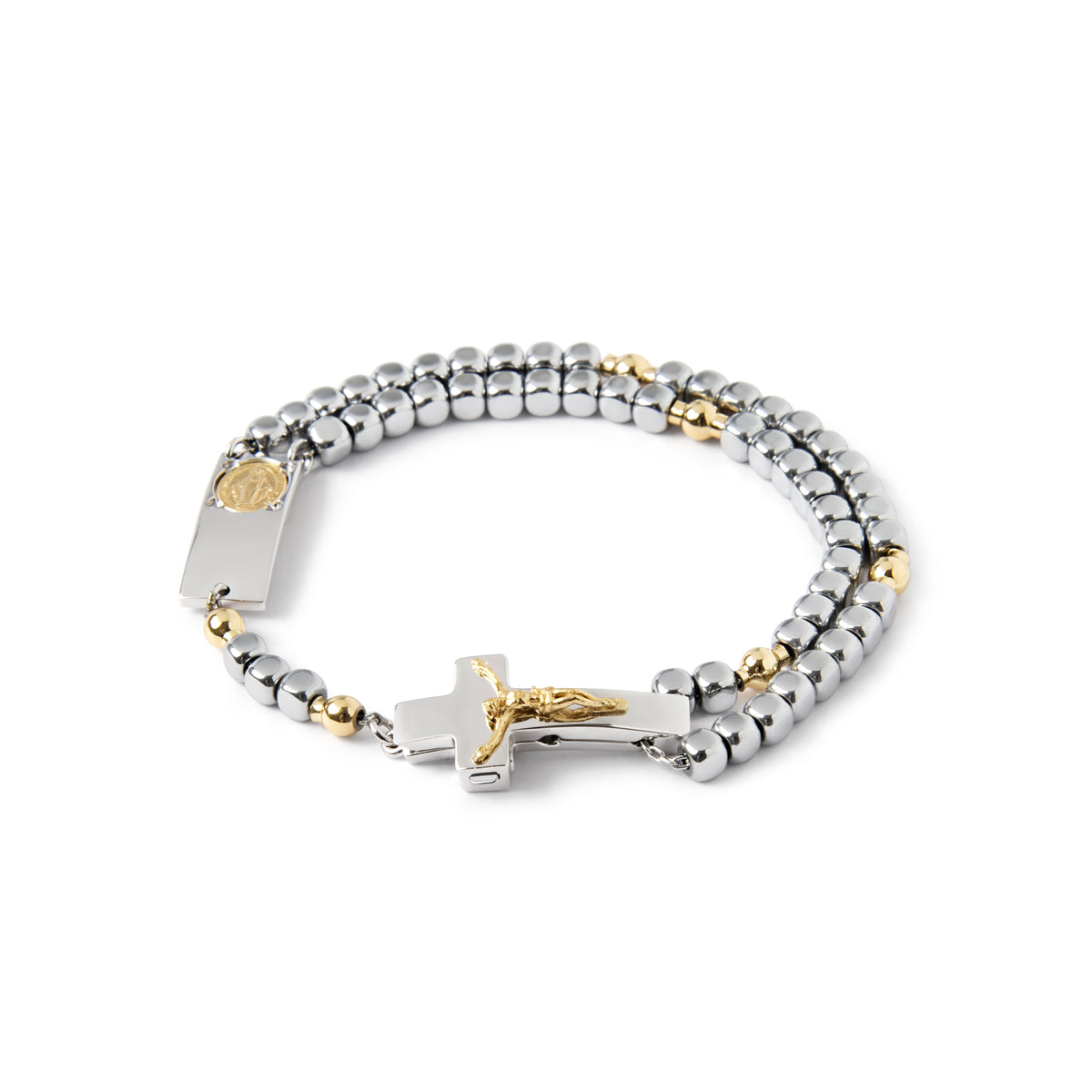 A two-tone sterling silver rosary bracelet with gold plating, featuring a Crucifix and round beads, with a Rhodium-plated finish.
