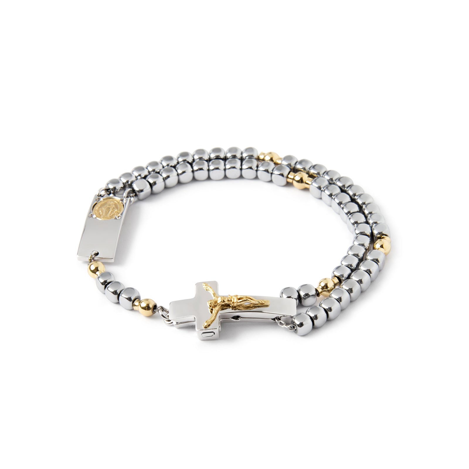 A two-tone sterling silver rosary bracelet with gold plating, featuring a Crucifix and round beads, with a Rhodium-plated finish.