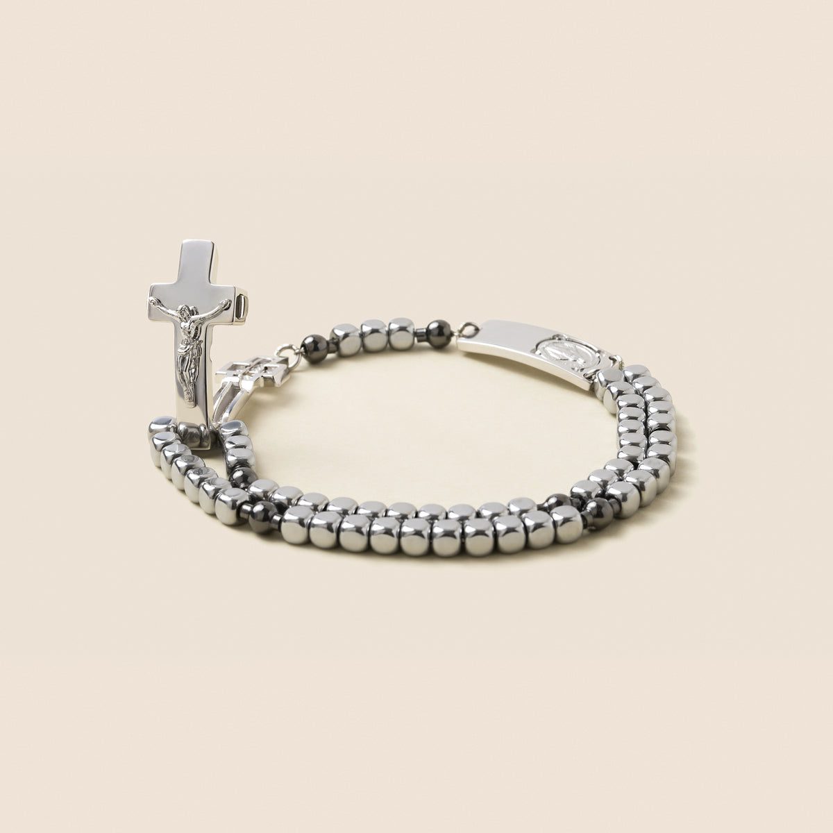 Rosalet rhodium rosary bracelet with dark ruthenium Pater beads