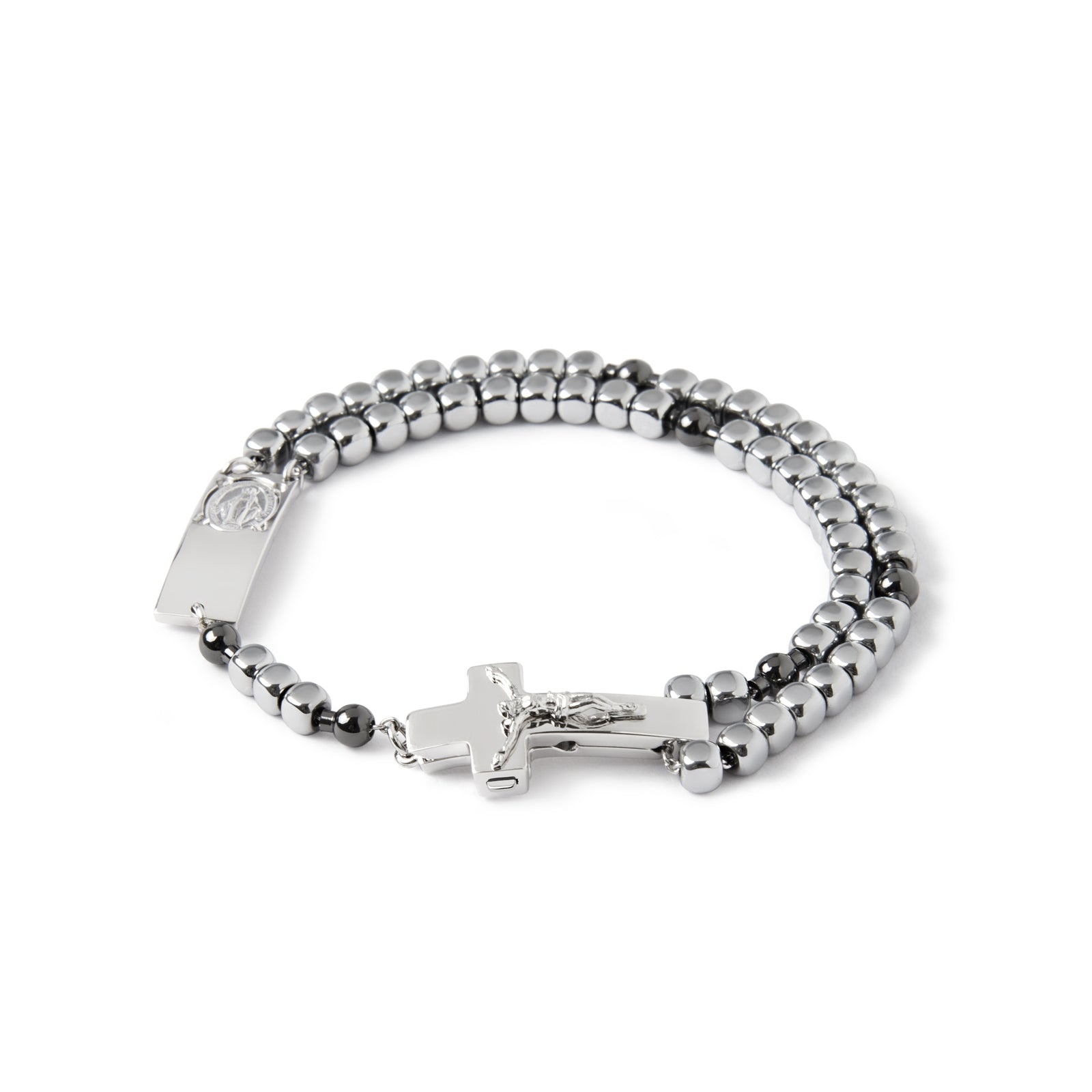 A sterling silver rosary bracelet with rhodium plating, featuring a Crucifix with a double safety button, round beads, and a chain link.