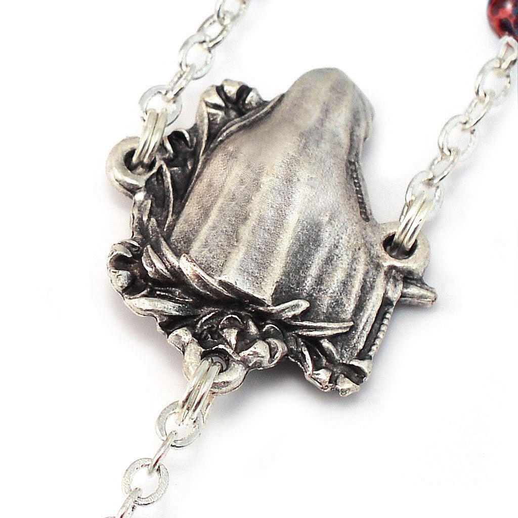 Fatima Lily Crimson &amp; Silver Rosary