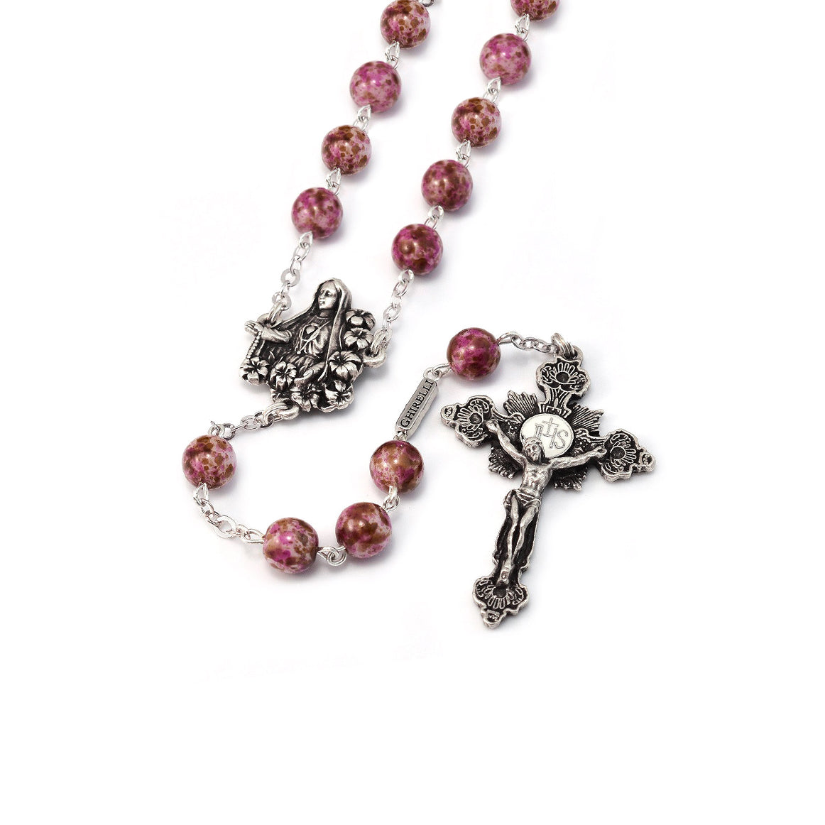 Fatima Lily Marbled Bohemian Glass & Silver Rosary