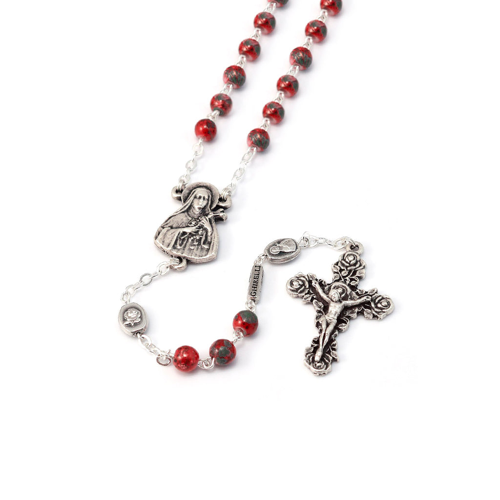 Saint Therese of Lisieux Red &amp; Silver Roses Rosary