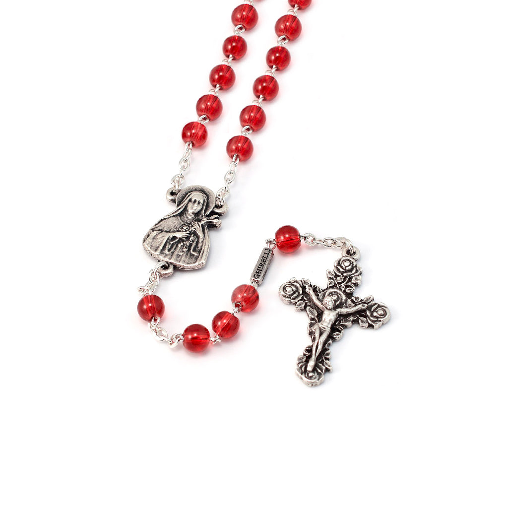 Saint Therese of Lisieux Red & Silver Roses Rosary