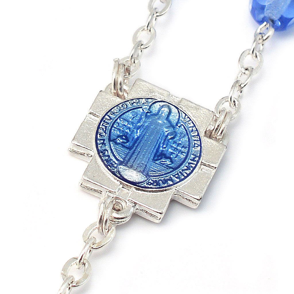 Saint Benedict Blue Enamel &amp; Silver Rosary