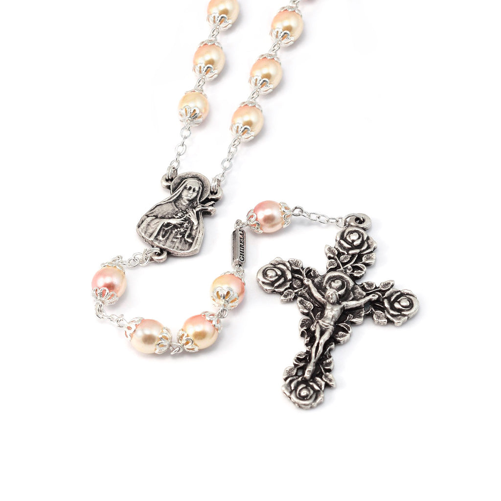Saint Therese of Lisieux Blush &amp; Silver Roses Rosary