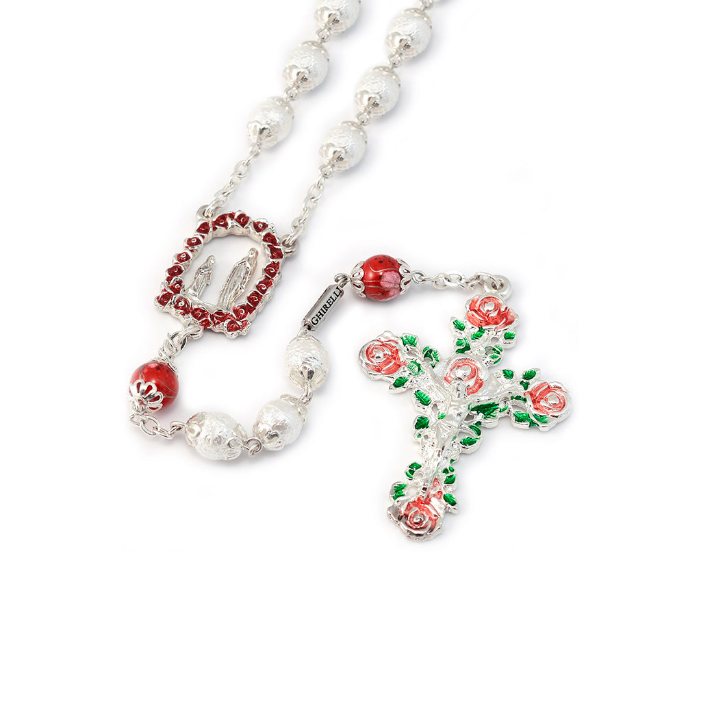 Lourdes Roses & Saint Bernadette Pearl, Silver & Enameled Rosary
