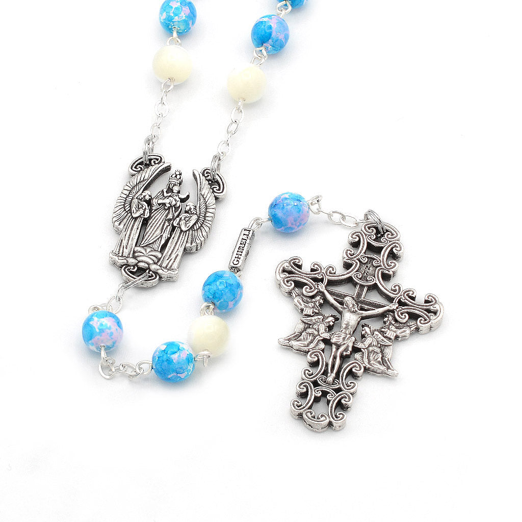 The Holy Angels Rosary in Antique Silver with Genuine Mother of Pearl Accent Beads