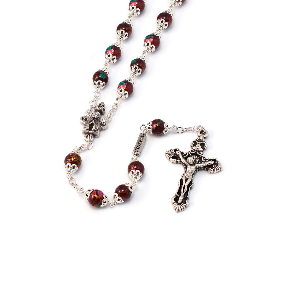 Fatima Crown Marbled Crimson &amp; Silver Rosary