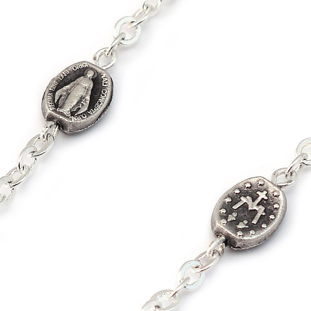 Miraculous Medal Crimson &amp; Mint Marbled Bead Silver Rosary