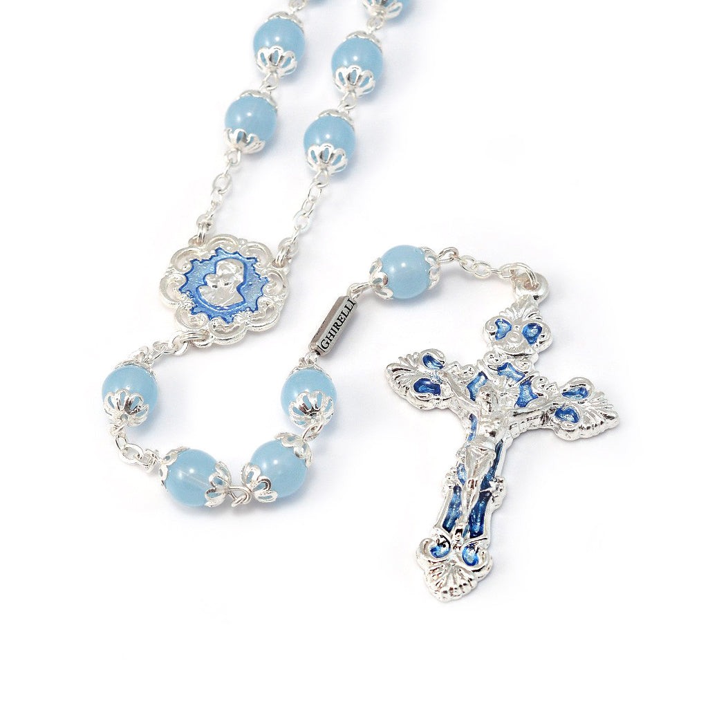 Mary&#39;s Motherly Love Collection Sky &amp; Silver Rosary with Silver Caps