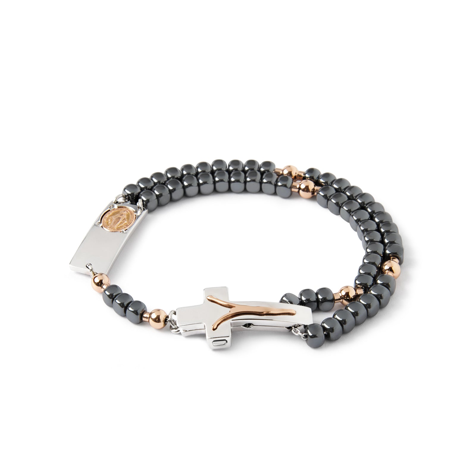 A sterling silver and rose gold rosary bracelet with polished hematite beads and a modern two-tone crucifix.