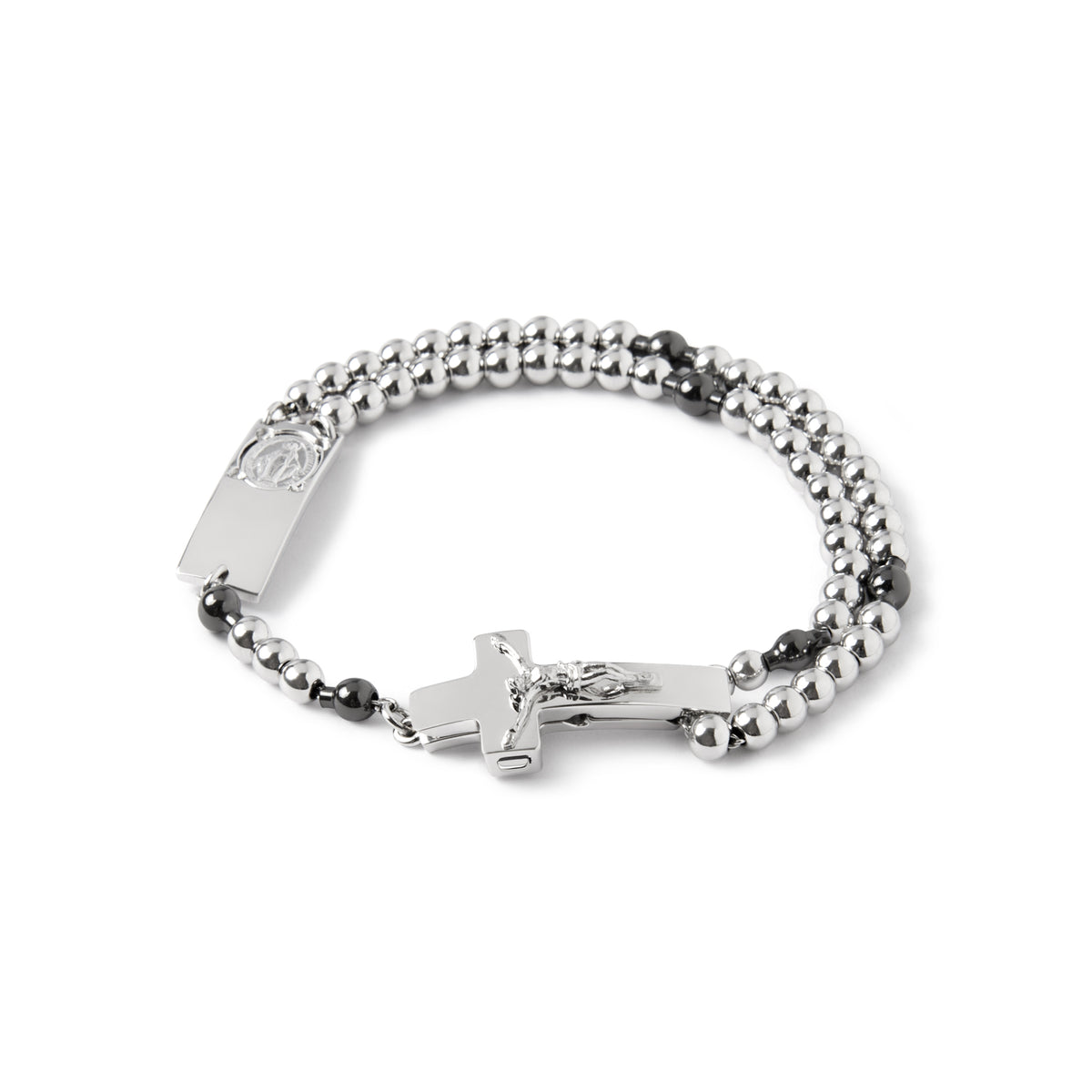 A sterling silver rosary bracelet with rhodium plating, featuring a Crucifix and round beads, some with dark ruthenium plating.