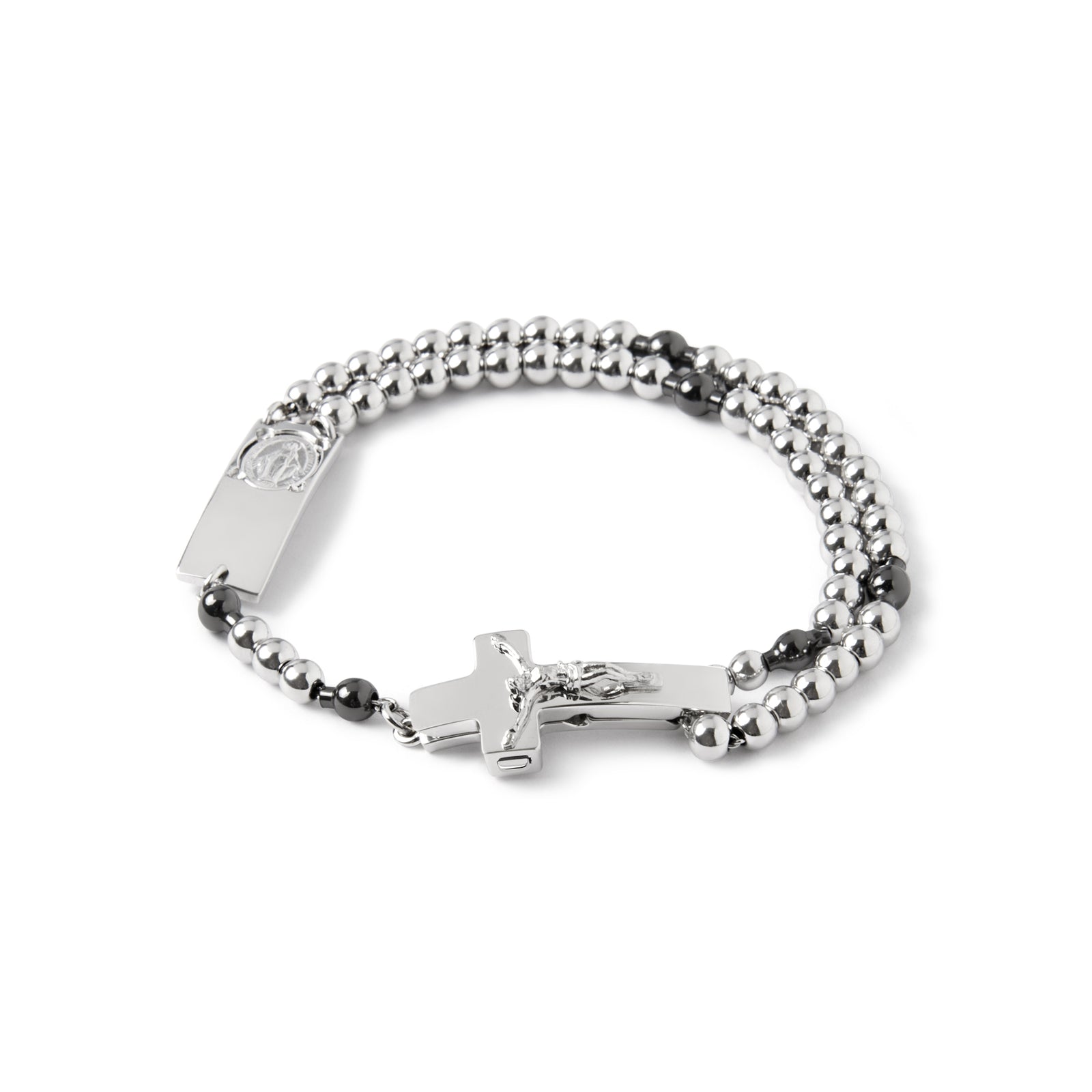 A sterling silver rosary bracelet with rhodium plating, featuring a Crucifix and round beads, some with dark ruthenium plating.