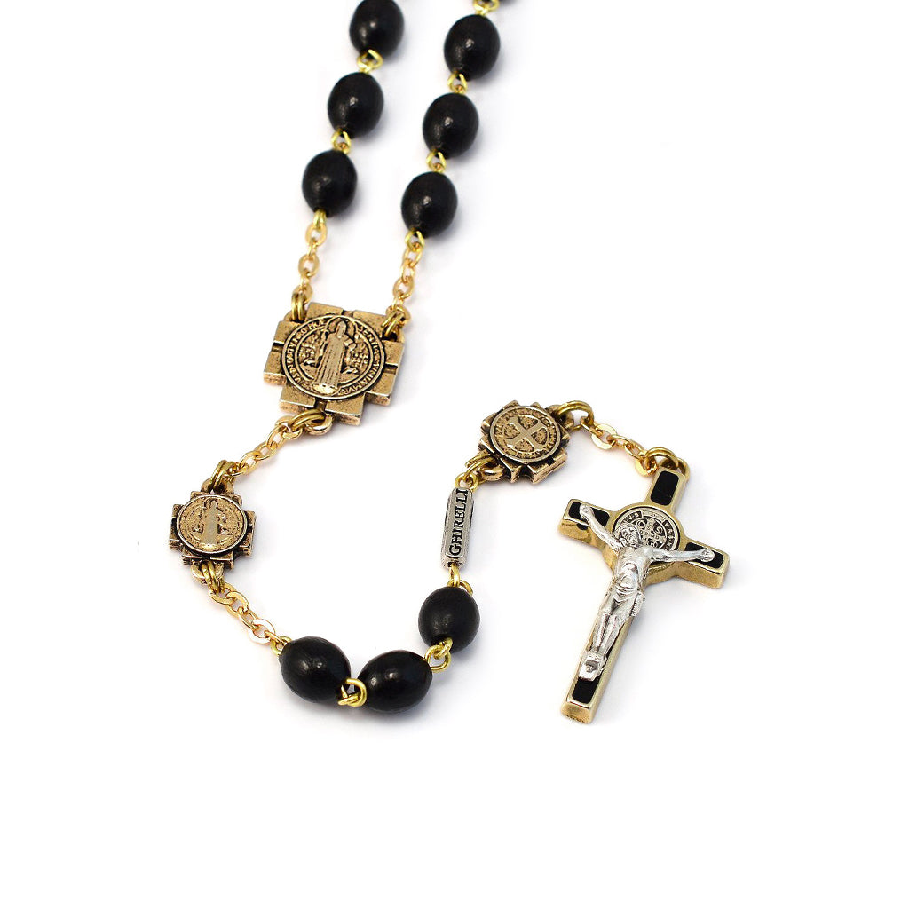 Saint Benedict Rosary with Black Italian Wood & Gold