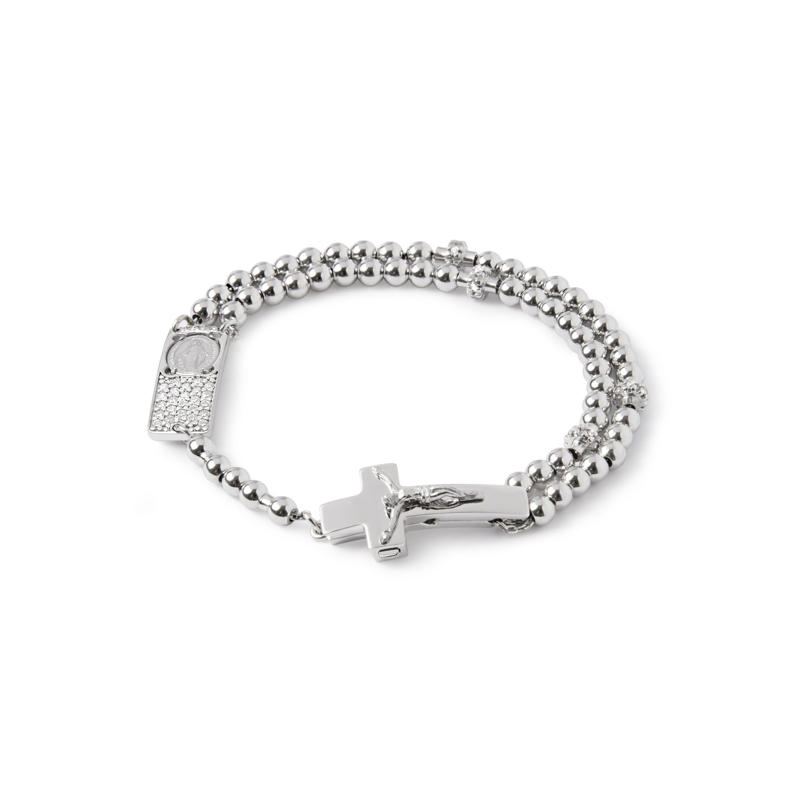 A sterling silver rosary bracelet with rhodium plating, featuring a Crucifix and round beads with zircon pave details.