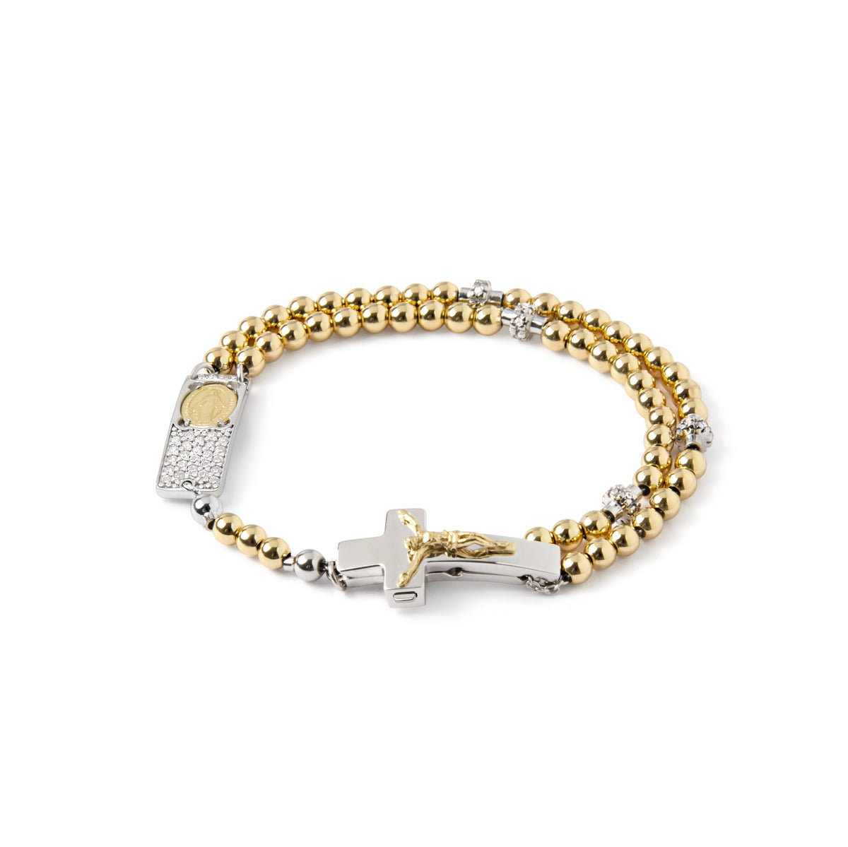 ROSALET® ROUND GOLD BEADS, STERLING SILVER &amp; PAVE PATER, ROSARY CENTER WITH ZIRCON PAVE, TRADITIONAL