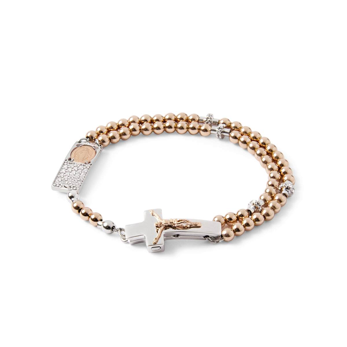 A two-tone sterling silver rosary bracelet with rose gold beads and rhodium-plated accents, featuring a silver Crucifix and Miraculous Medal, and Zircon Pavé insets.