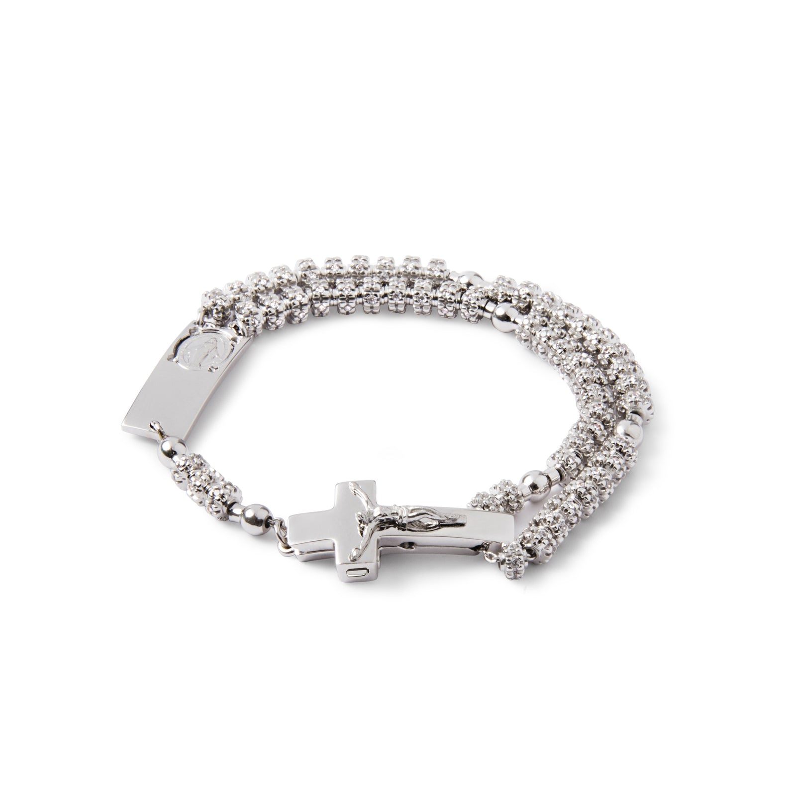 A sterling silver rhodium-plated rosary bracelet with a cross emblem and round pater beads.