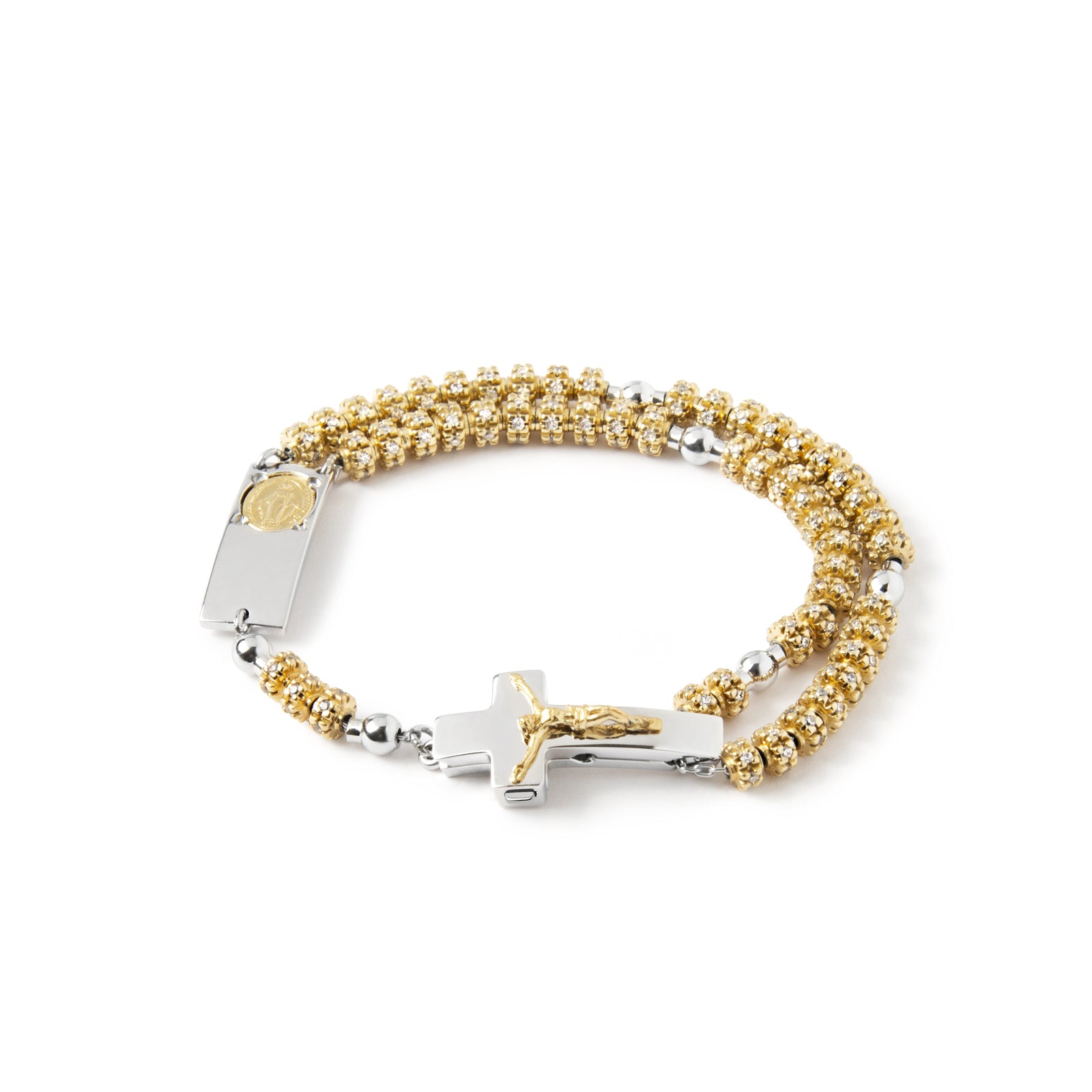 A sterling silver rosary bracelet with gold-plated beads and a two-tone finish, featuring a Crucifix and a Miraculous Medal.