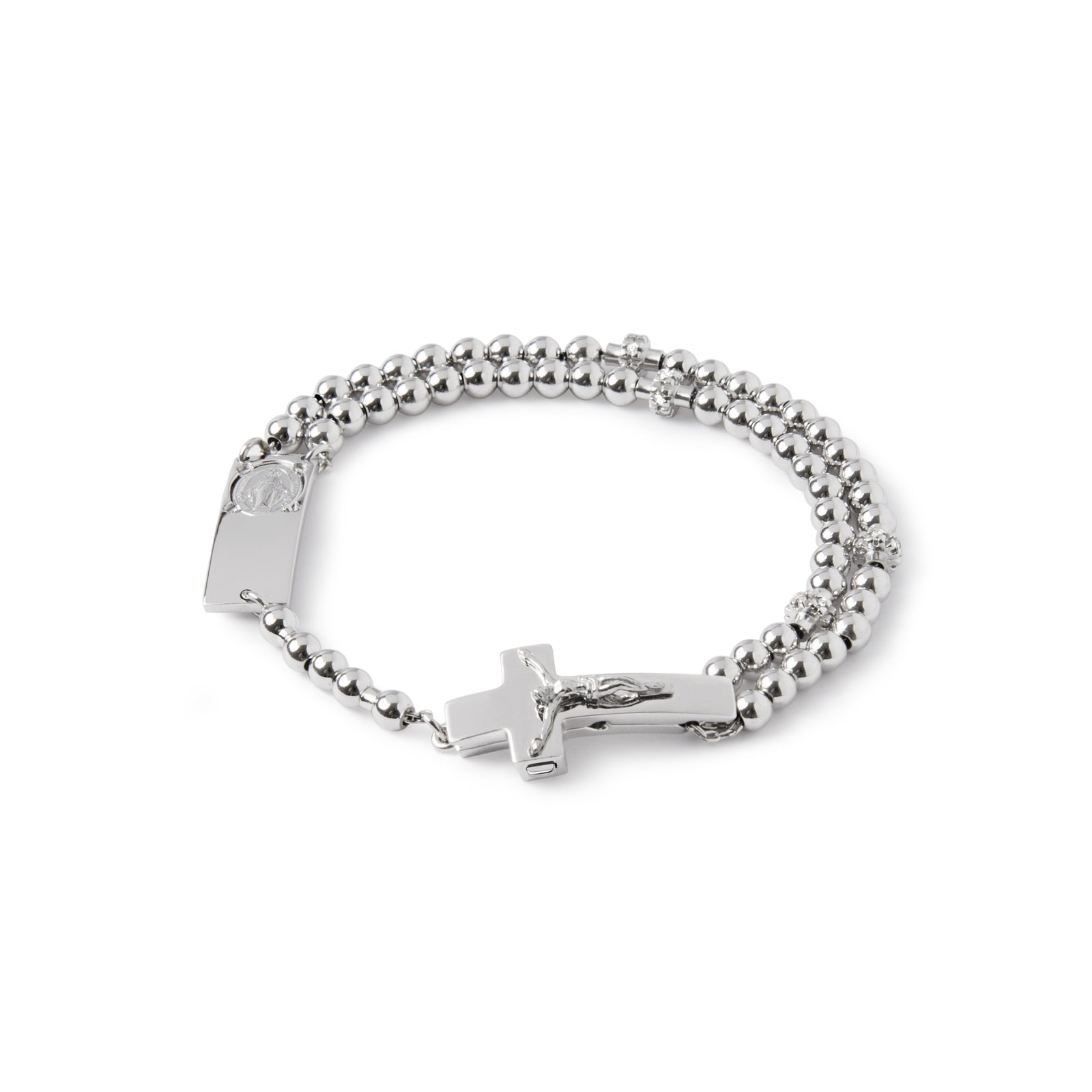 A sterling silver rosary bracelet with rhodium plating, featuring a Crucifix and round beads, some with zircon pavé insertions.