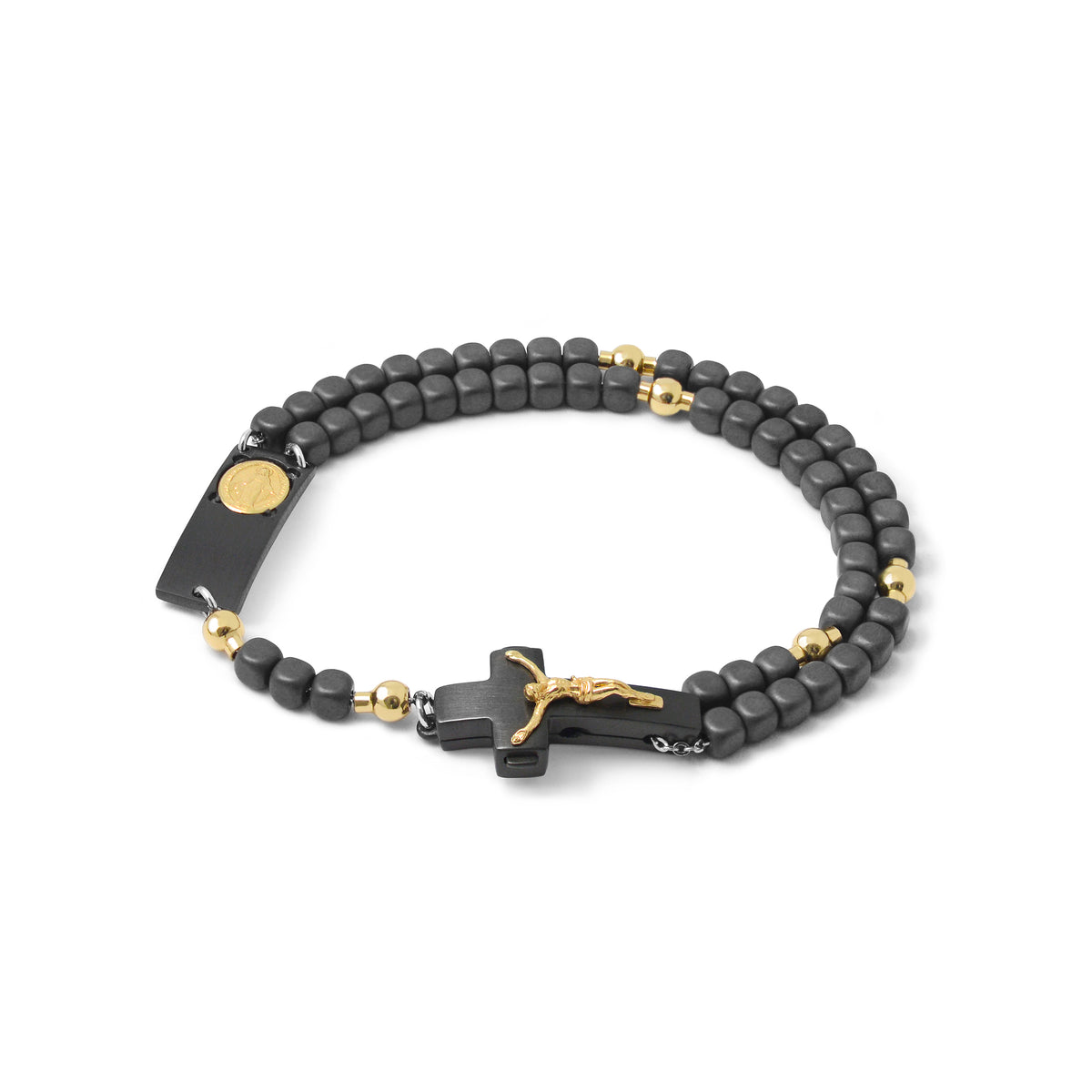 A black and gold rosary bracelet with matte hematite beads and a two-tone sterling silver crucifix with a safety button.