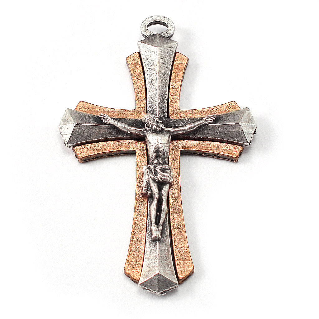 Handmade rosary with two-tone crucifix in antique silver and copper